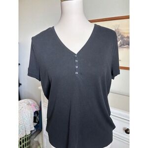 Gap Henley Ribbed Shirt Black Short Sleeve V-Neck Button Top XL Casual Basics